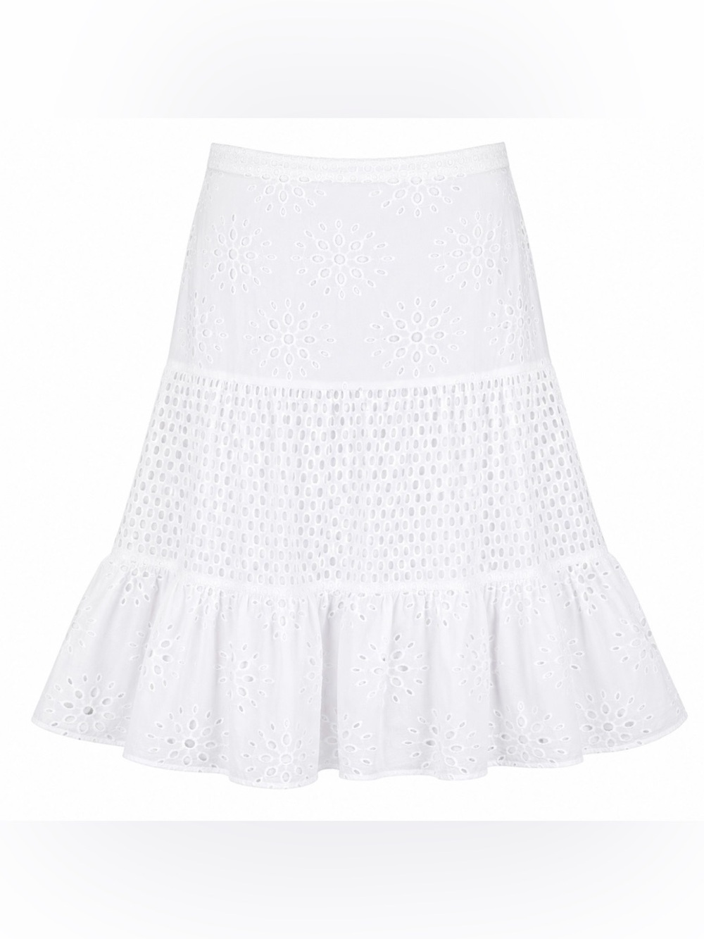 Talbots Plus White Eyelet Embroidered Cotton Midi Skirt 16 Tiered Lined Summer